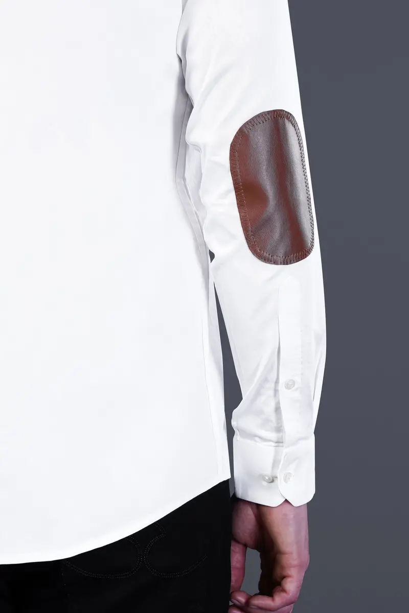 Bright White Subtle Sheen With Leather Elbow Patch Super Soft Premium Cotton Shirt 7