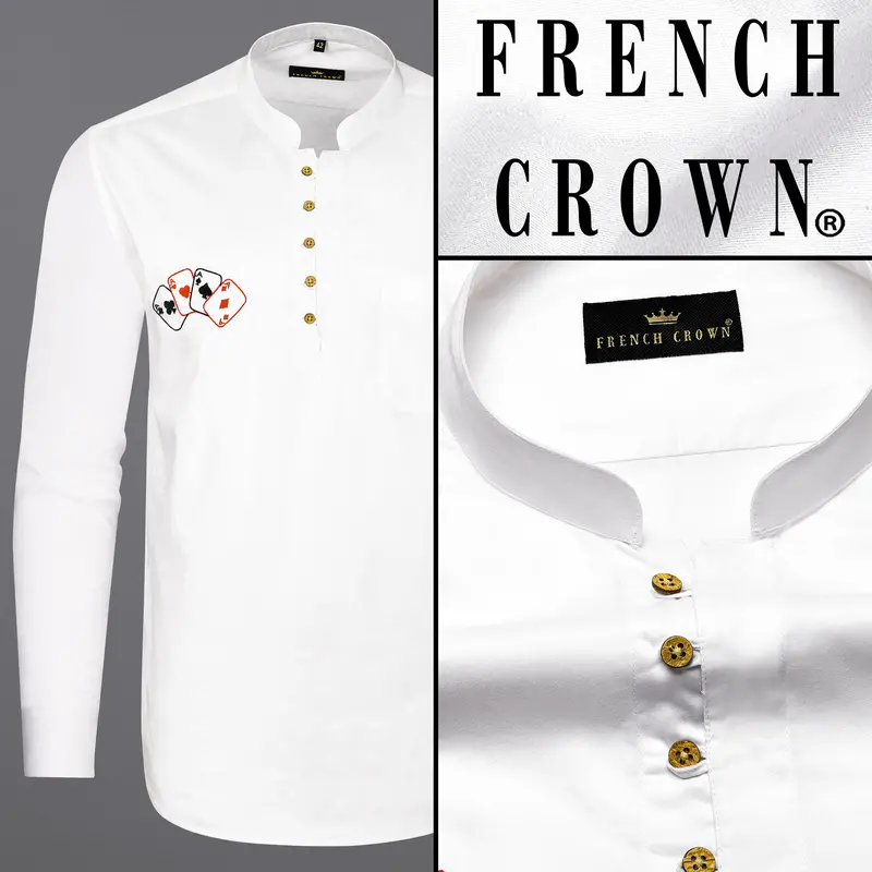 Bright White Subtle Sheen With Multicolour Card Embroidered Super Soft Premium Cotton Kurta Shirt 1