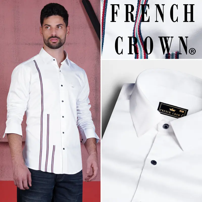 Bright White Subtle Sheen With Salomie And Black Triple Stripes Premium Cotton Shirt 11