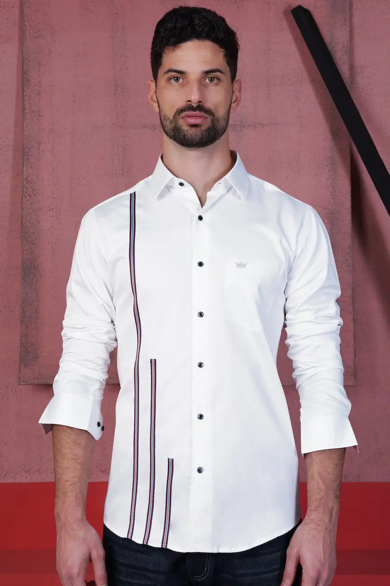 Bright White Subtle Sheen With Salomie And Black Triple Stripes Premium Cotton Shirt 2