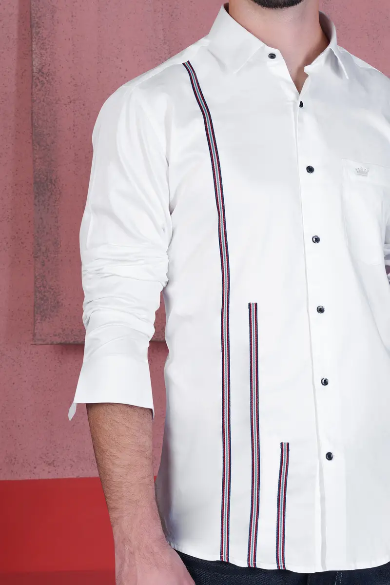 Bright White Subtle Sheen With Salomie And Black Triple Stripes Premium Cotton Shirt 6