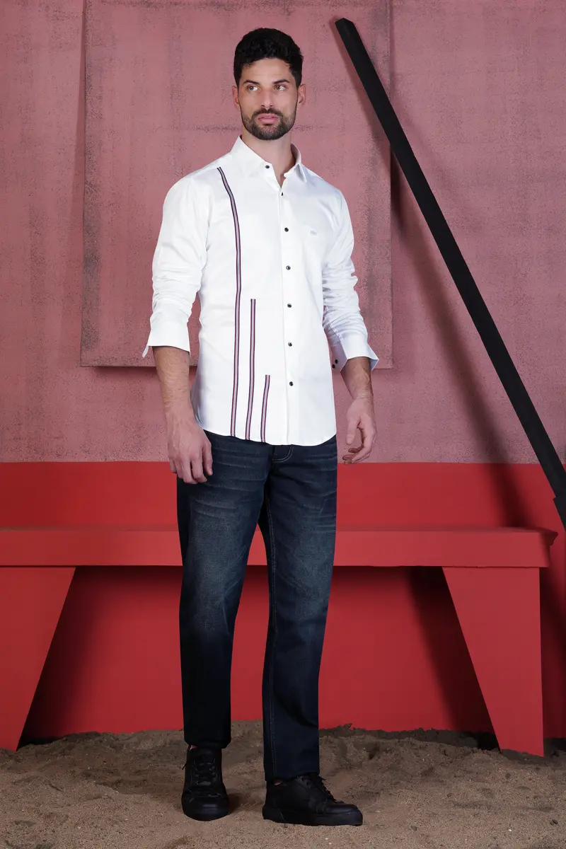 Bright White Subtle Sheen With Salomie And Black Triple Stripes Premium Cotton Shirt 8