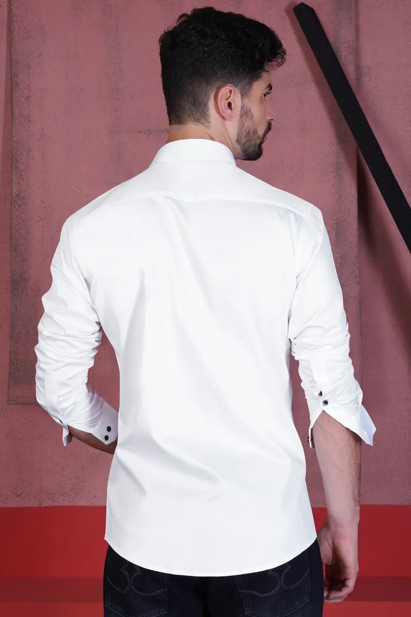 Bright White Subtle Sheen With Salomie And Black Triple Stripes Premium Cotton Shirt 9