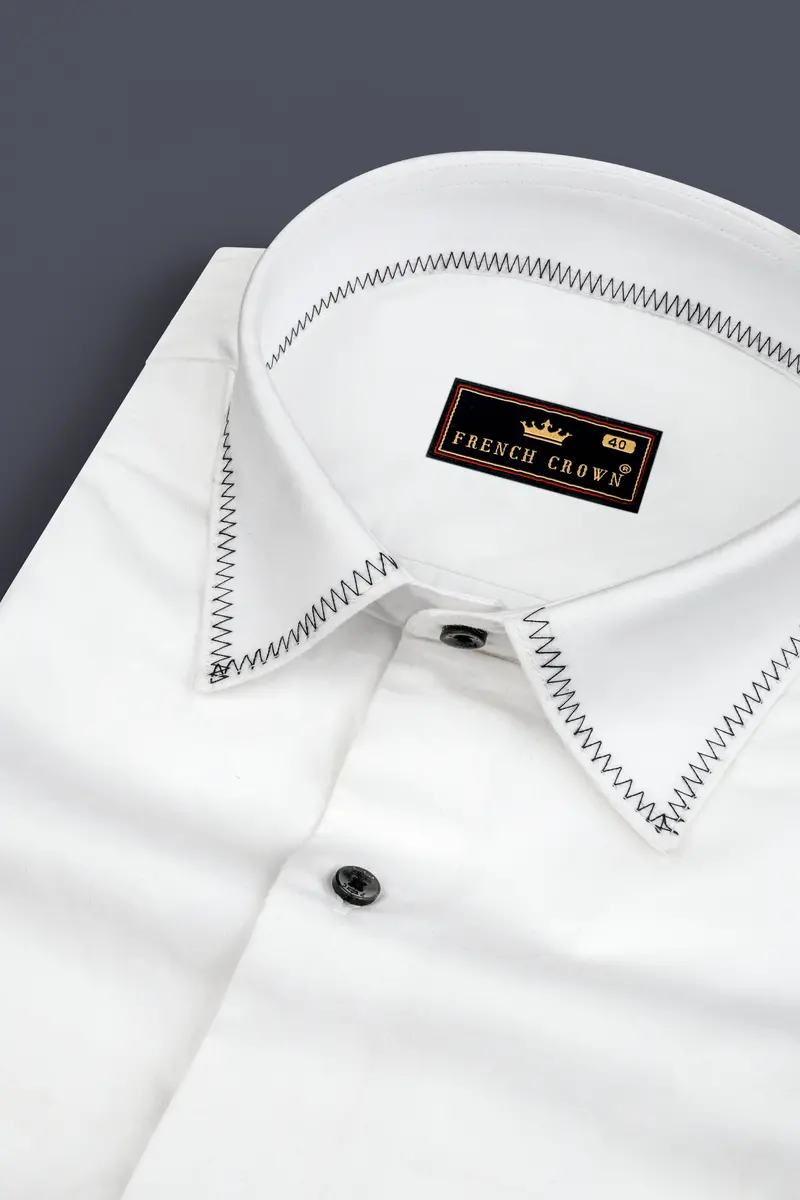 Bright White Subtle Sheen Zigzag Stitching Patterned Designer Super Soft Giza Cotton Shirt 1