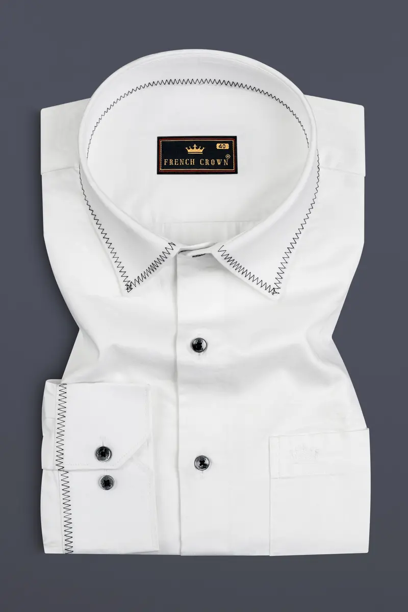 Bright White Subtle Sheen Zigzag Stitching Patterned Designer Super Soft Giza Cotton Shirt 3