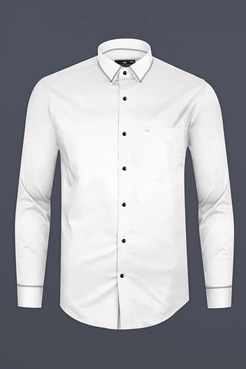 Bright White Subtle Sheen Zigzag Stitching Patterned Designer Super Soft Giza Cotton Shirt 4