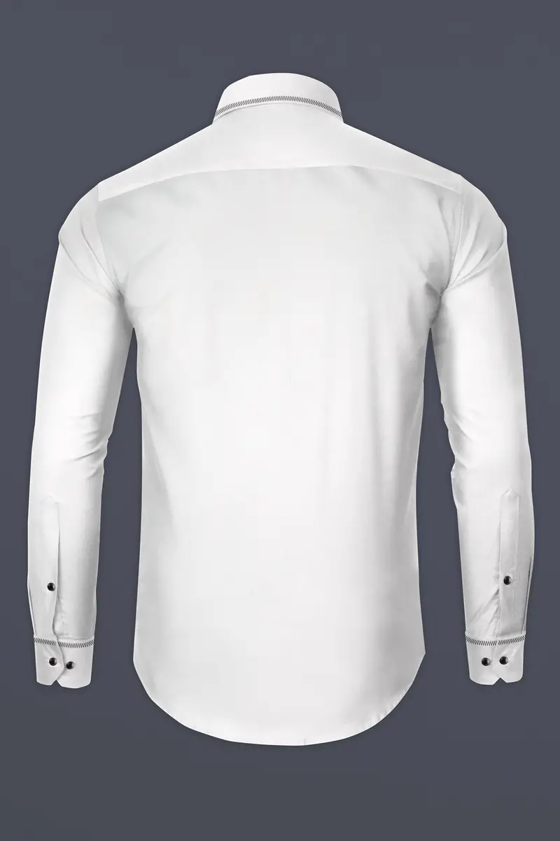 Bright White Subtle Sheen Zigzag Stitching Patterned Designer Super Soft Giza Cotton Shirt 5