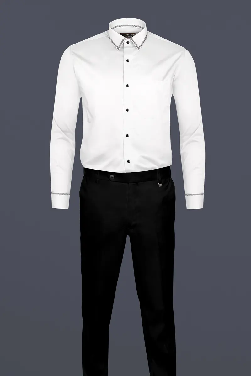 Bright White Subtle Sheen Zigzag Stitching Patterned Designer Super Soft Giza Cotton Shirt 6