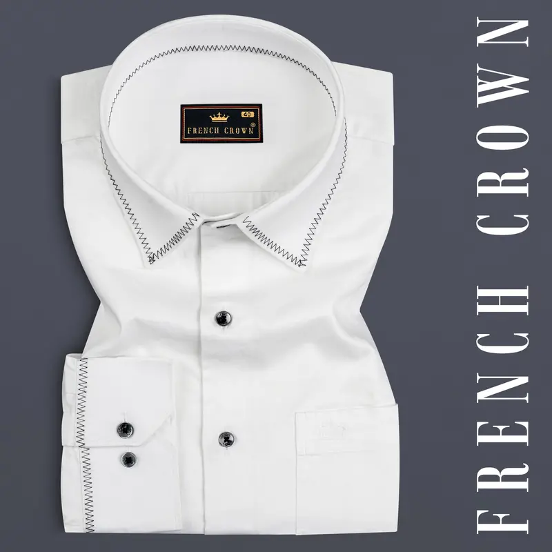 Bright White Subtle Sheen Zigzag Stitching Patterned Designer Super Soft Giza Cotton Shirt 7