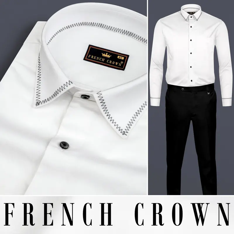 Bright White Subtle Sheen Zigzag Stitching Patterned Designer Super Soft Giza Cotton Shirt 9