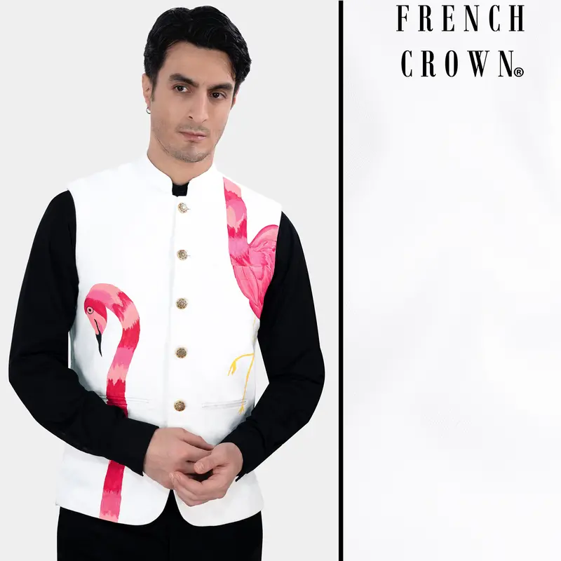 Bright White Swan Hand Painted Premium Cotton Designer Nehru Jacket 1