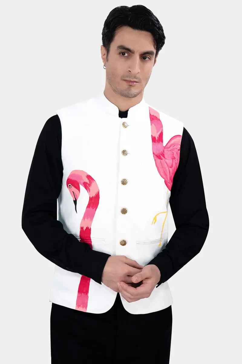 Bright White Swan Hand Painted Premium Cotton Designer Nehru Jacket 2