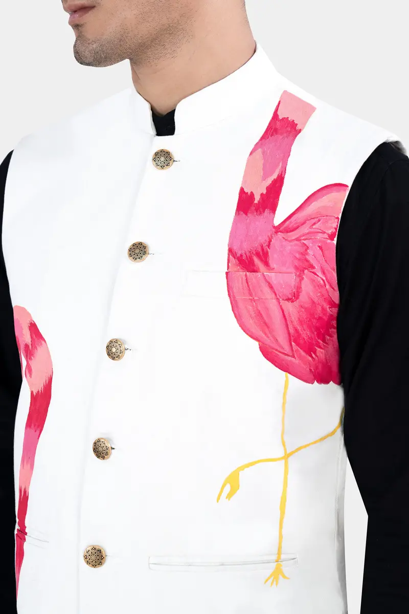 Bright White Swan Hand Painted Premium Cotton Designer Nehru Jacket 4