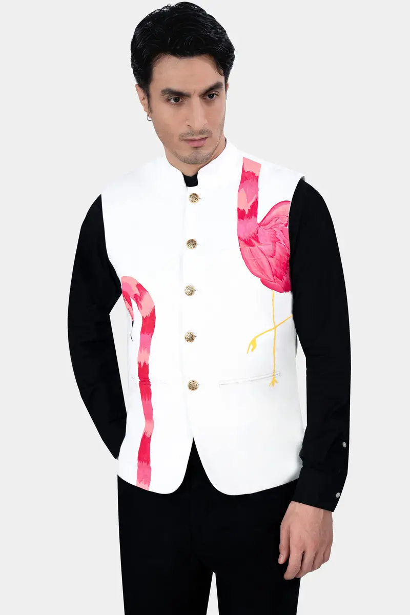 Bright White Swan Hand Painted Premium Cotton Designer Nehru Jacket 5