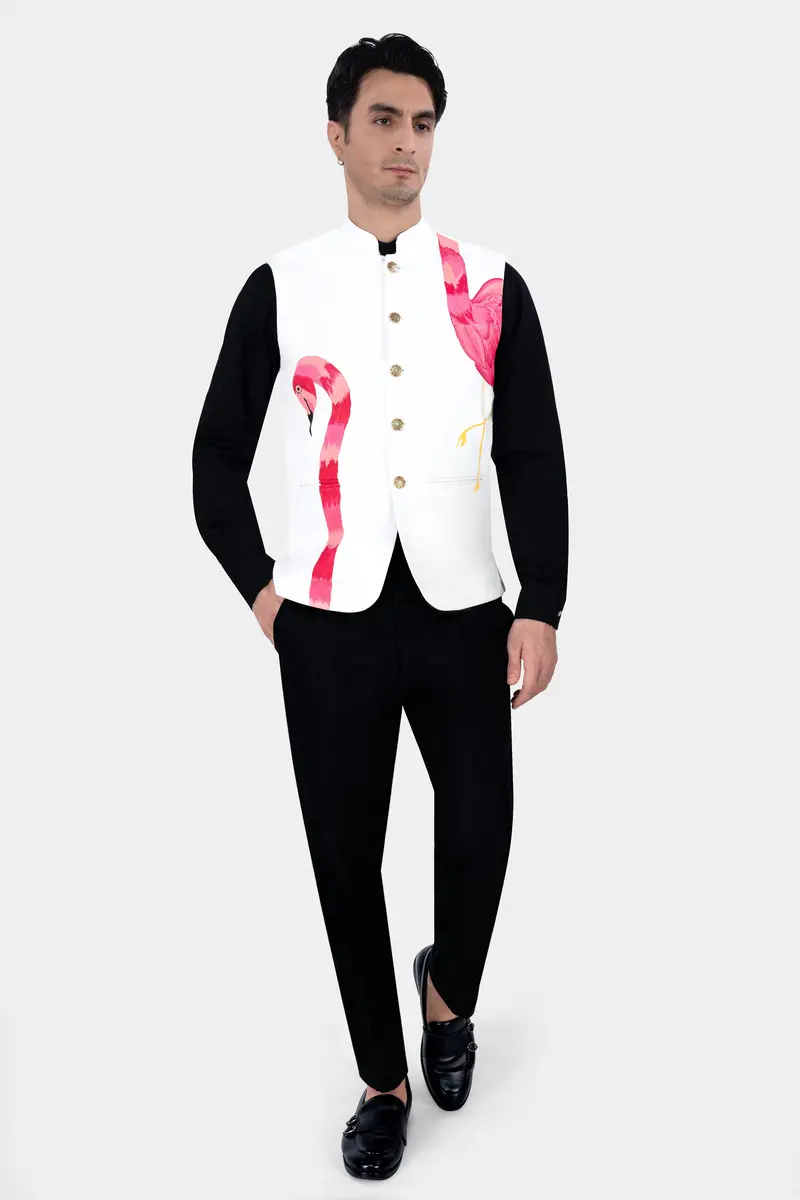 Bright White Swan Hand Painted Premium Cotton Designer Nehru Jacket 7