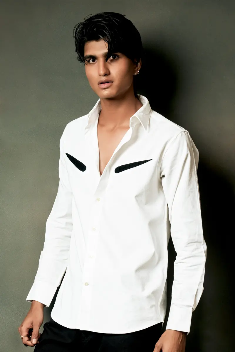 Bright White Textured With Patchwork Corduroy Designer Shirt 10