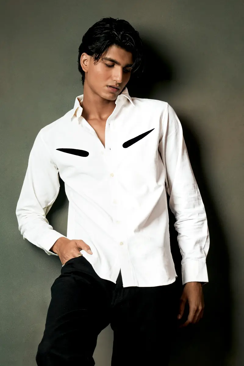 Bright White Textured With Patchwork Corduroy Designer Shirt 11