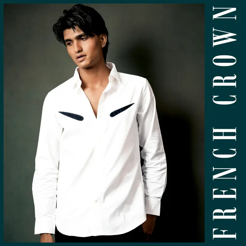 Bright White Textured With Patchwork Corduroy Designer Shirt 14