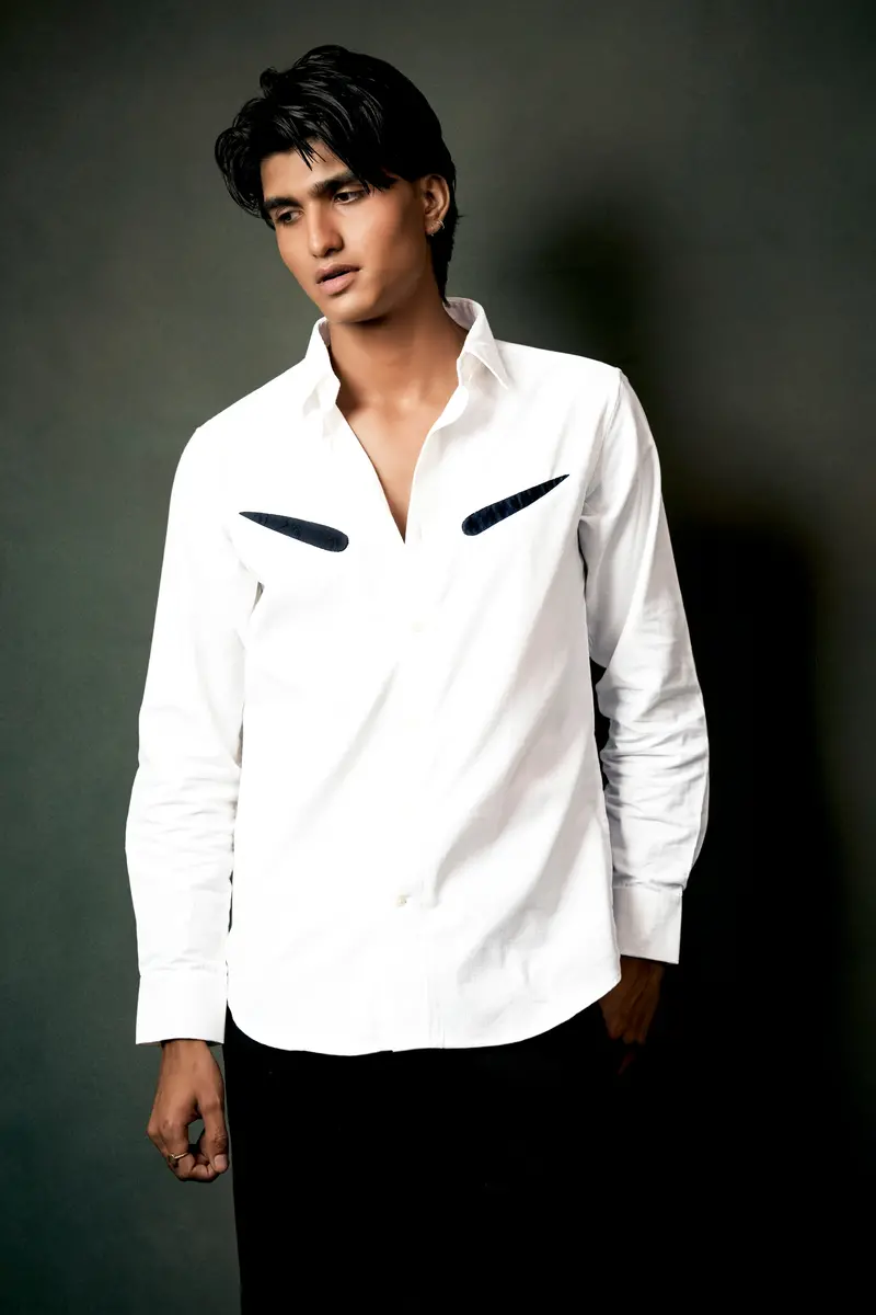 Bright White Textured With Patchwork Corduroy Designer Shirt 7