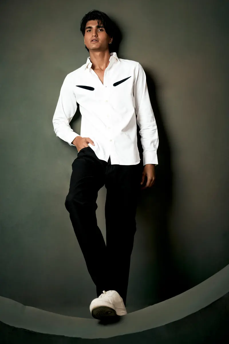 Bright White Textured With Patchwork Corduroy Designer Shirt 8