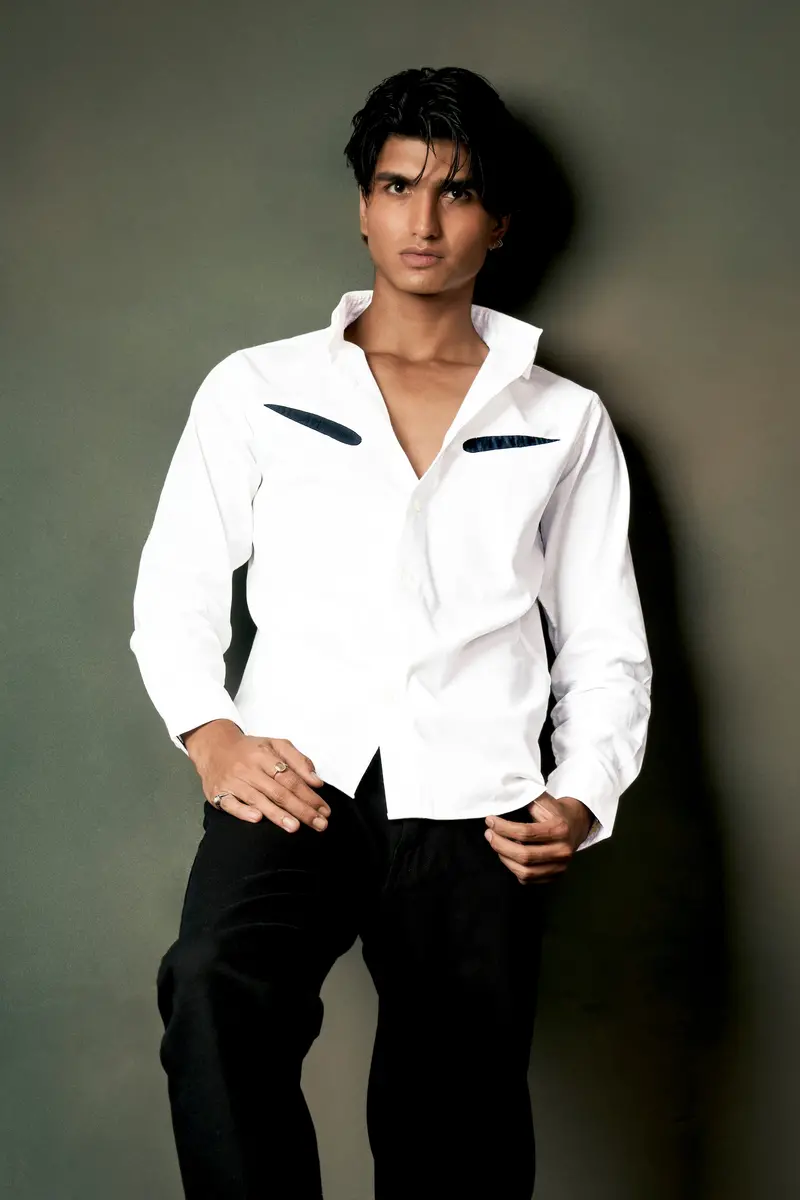 Bright White Textured With Patchwork Corduroy Designer Shirt 9