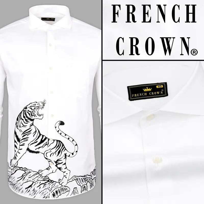 Bright White Tiger Hand Painted Royal Oxford Designer Shirt 1