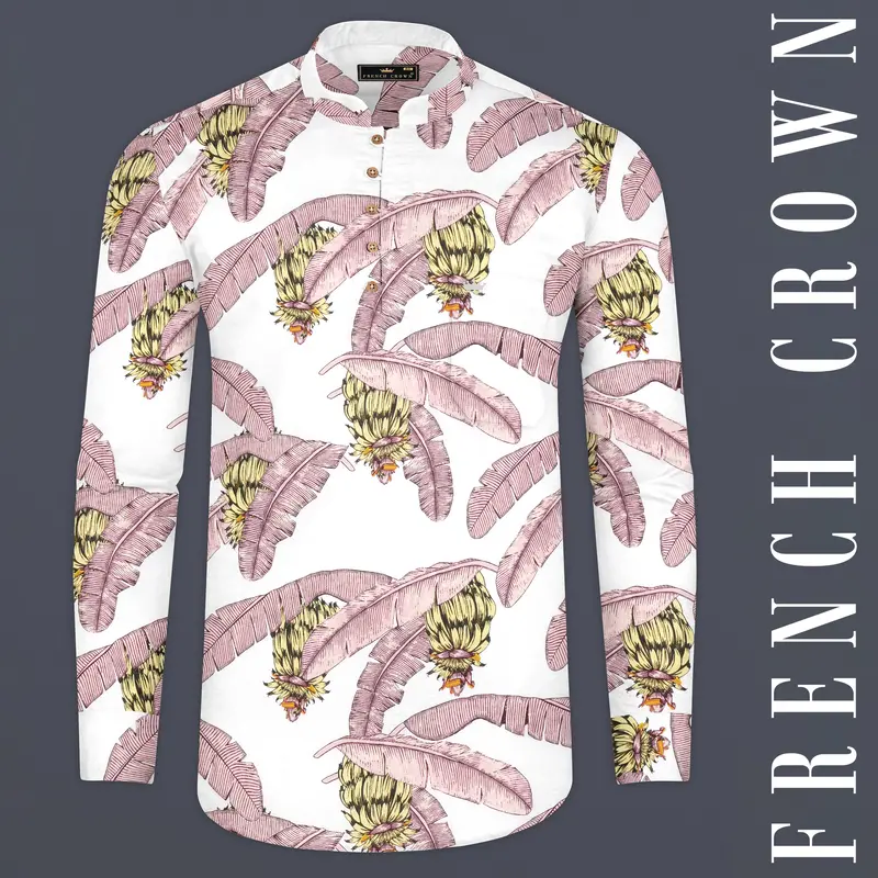 Bright White Tropical Printed Premium Cotton Kurta Shirt 1
