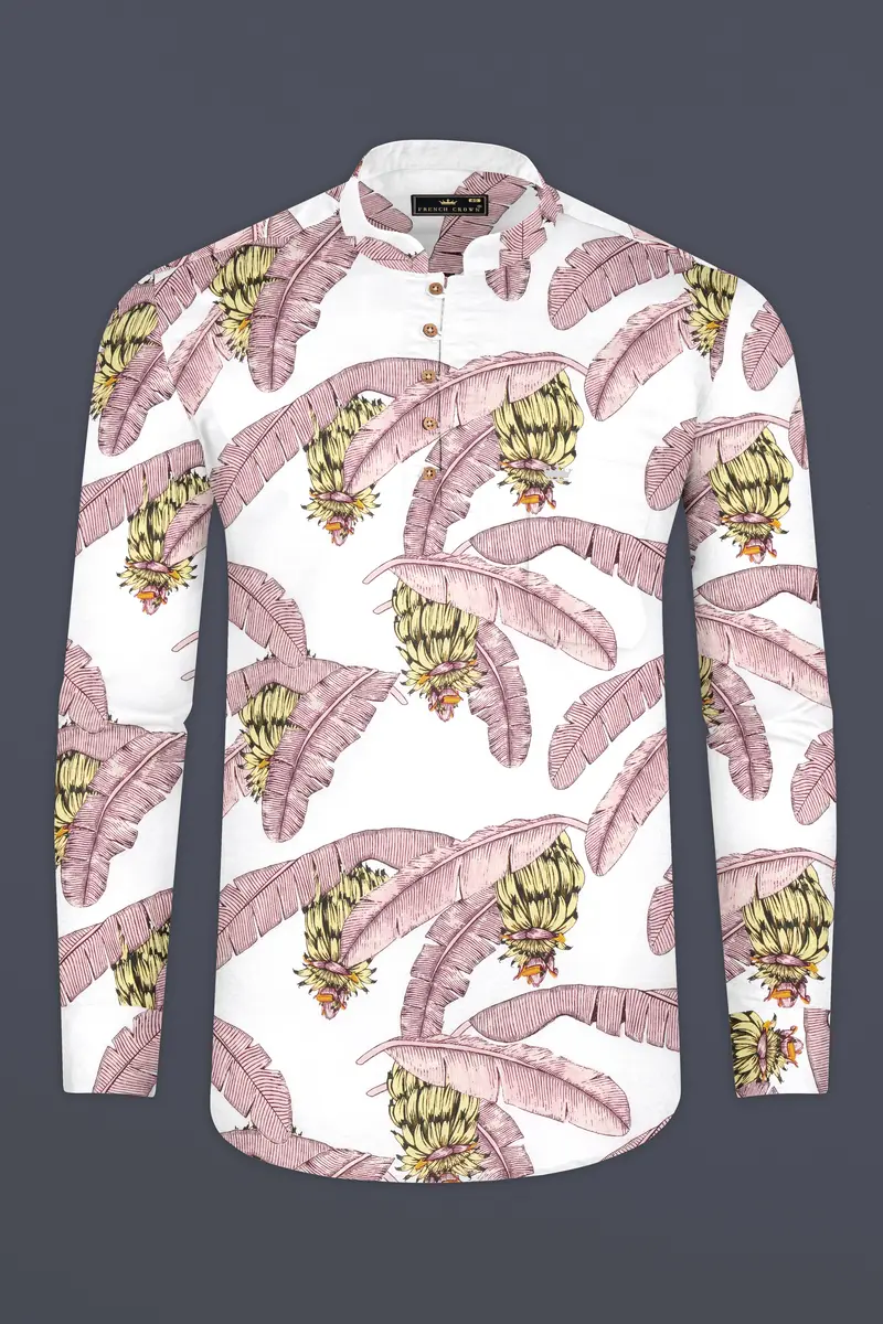 Bright White Tropical Printed Premium Cotton Kurta Shirt 2
