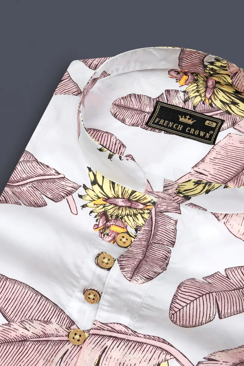 Bright White Tropical Printed Premium Cotton Kurta Shirt 4