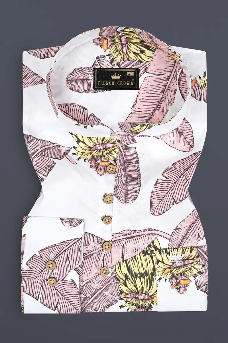 Bright White Tropical Printed Premium Cotton Kurta Shirt 5