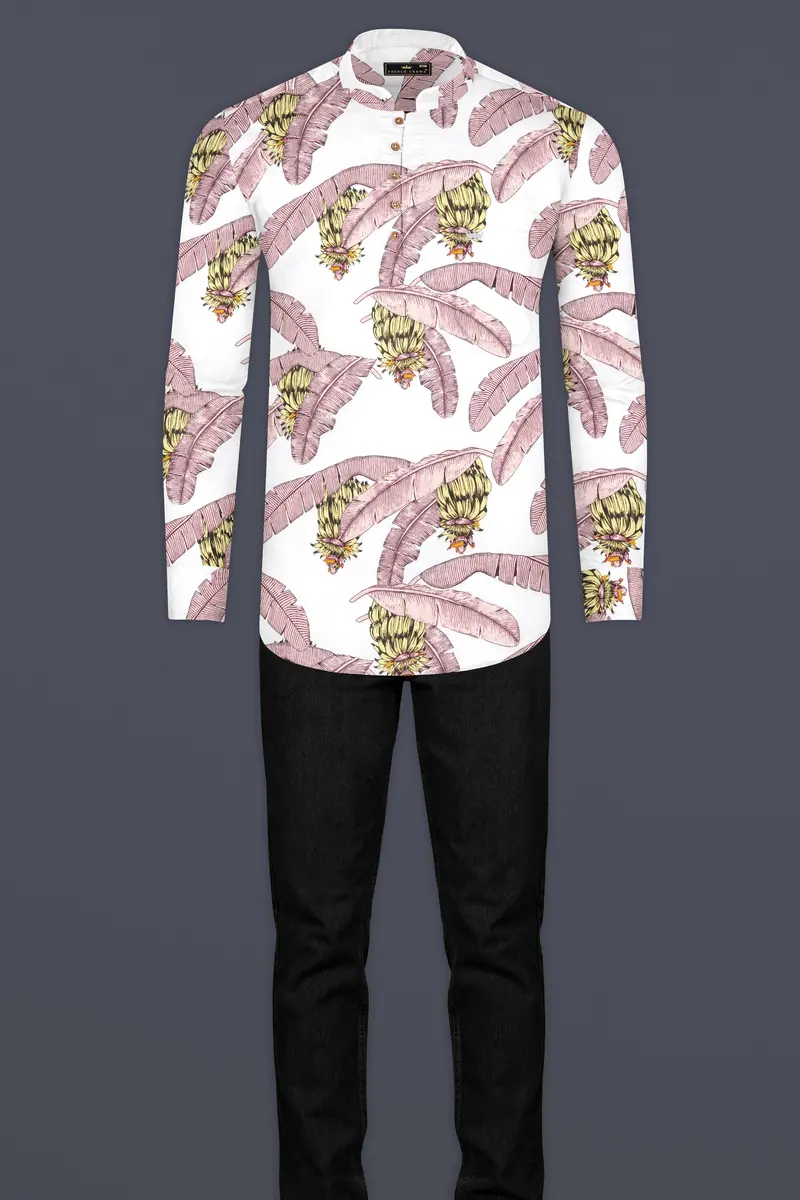 Bright White Tropical Printed Premium Cotton Kurta Shirt 7