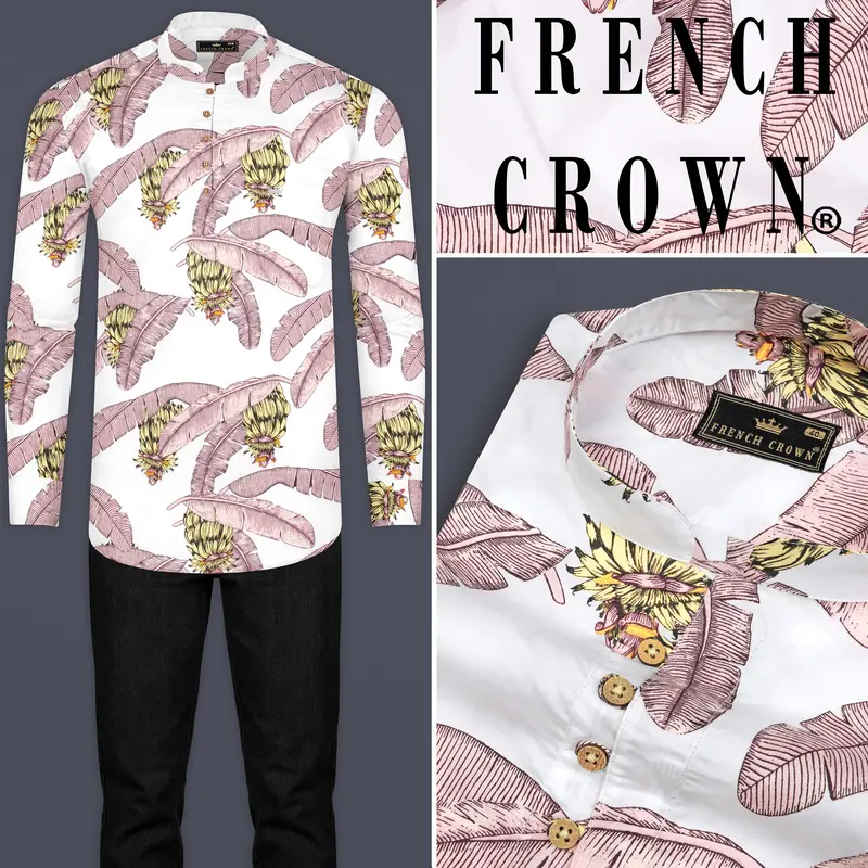Bright White Tropical Printed Premium Cotton Kurta Shirt 9