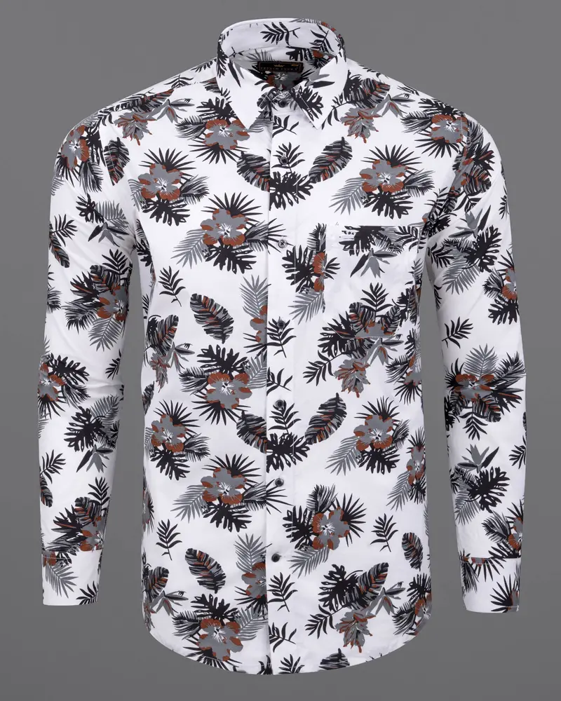 Bright White Tropical Printed Twill Textured Premium Cotton Shirt 1