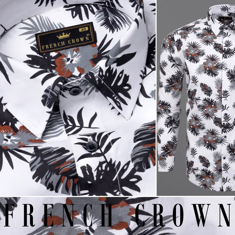Bright White Tropical Printed Twill Textured Premium Cotton Shirt 11