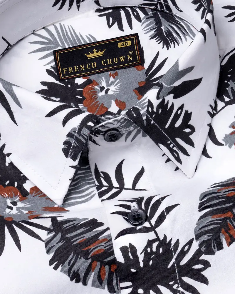 Bright White Tropical Printed Twill Textured Premium Cotton Shirt 3