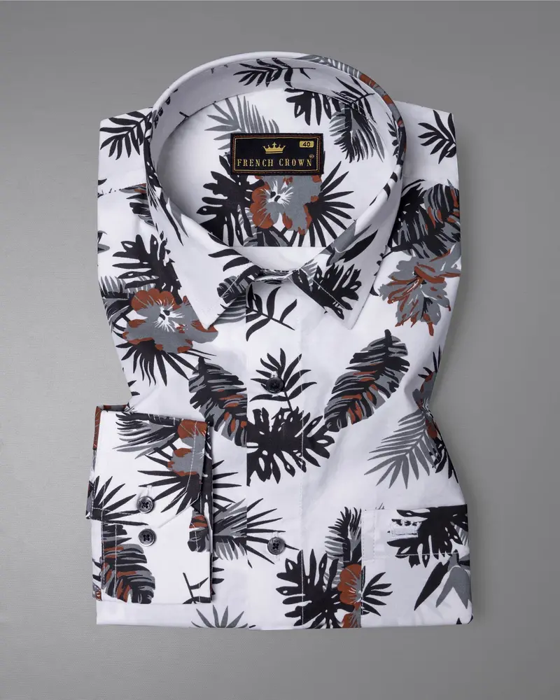 Bright White Tropical Printed Twill Textured Premium Cotton Shirt 4