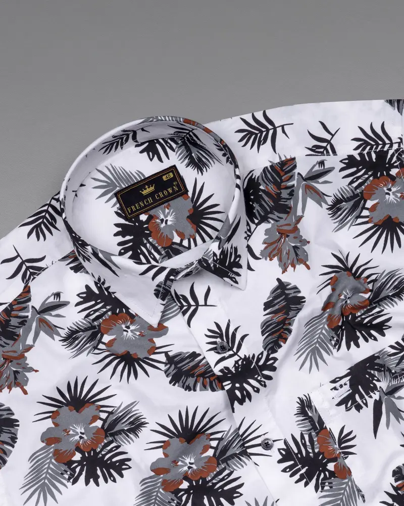 Bright White Tropical Printed Twill Textured Premium Cotton Shirt 5