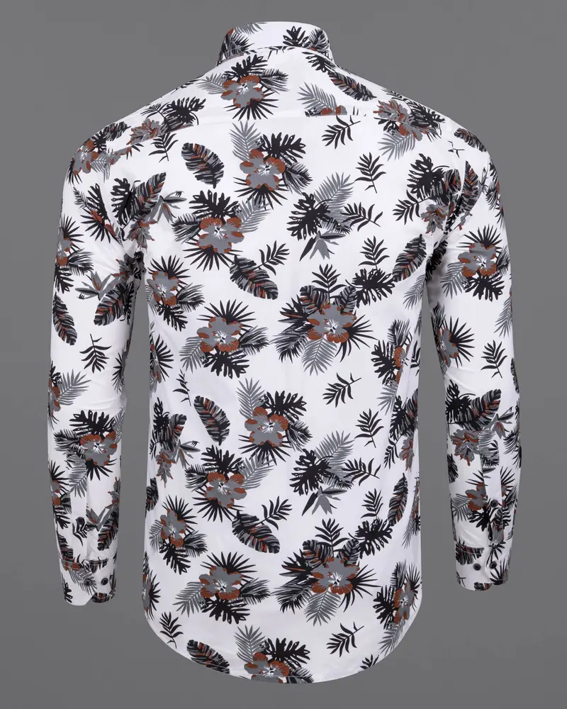 Bright White Tropical Printed Twill Textured Premium Cotton Shirt 6