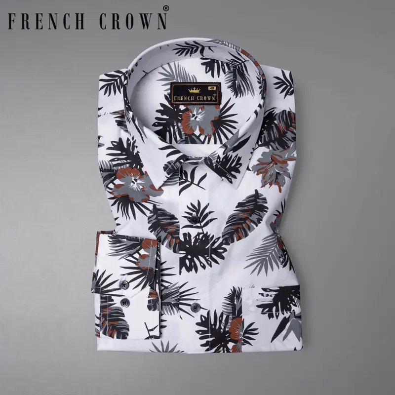 Bright White Tropical Printed Twill Textured Premium Cotton Shirt 7