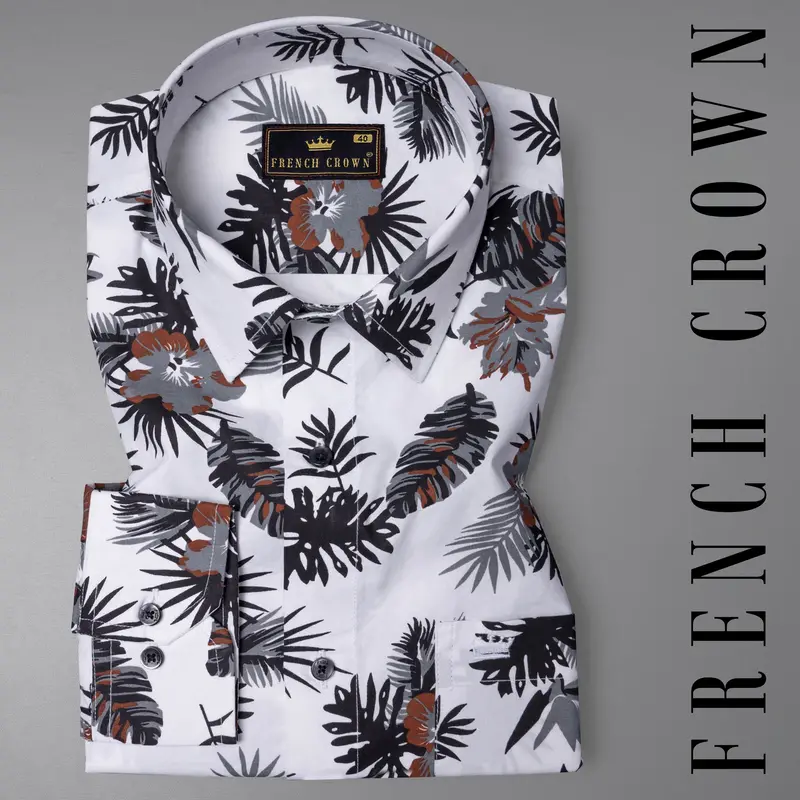 Bright White Tropical Printed Twill Textured Premium Cotton Shirt 8