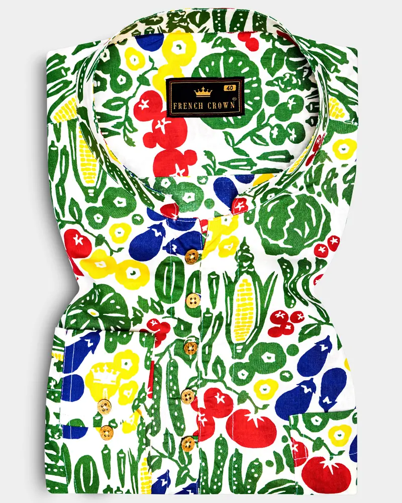 Bright White Vegetables Printed Premium Cotton Kurta Shirt 1