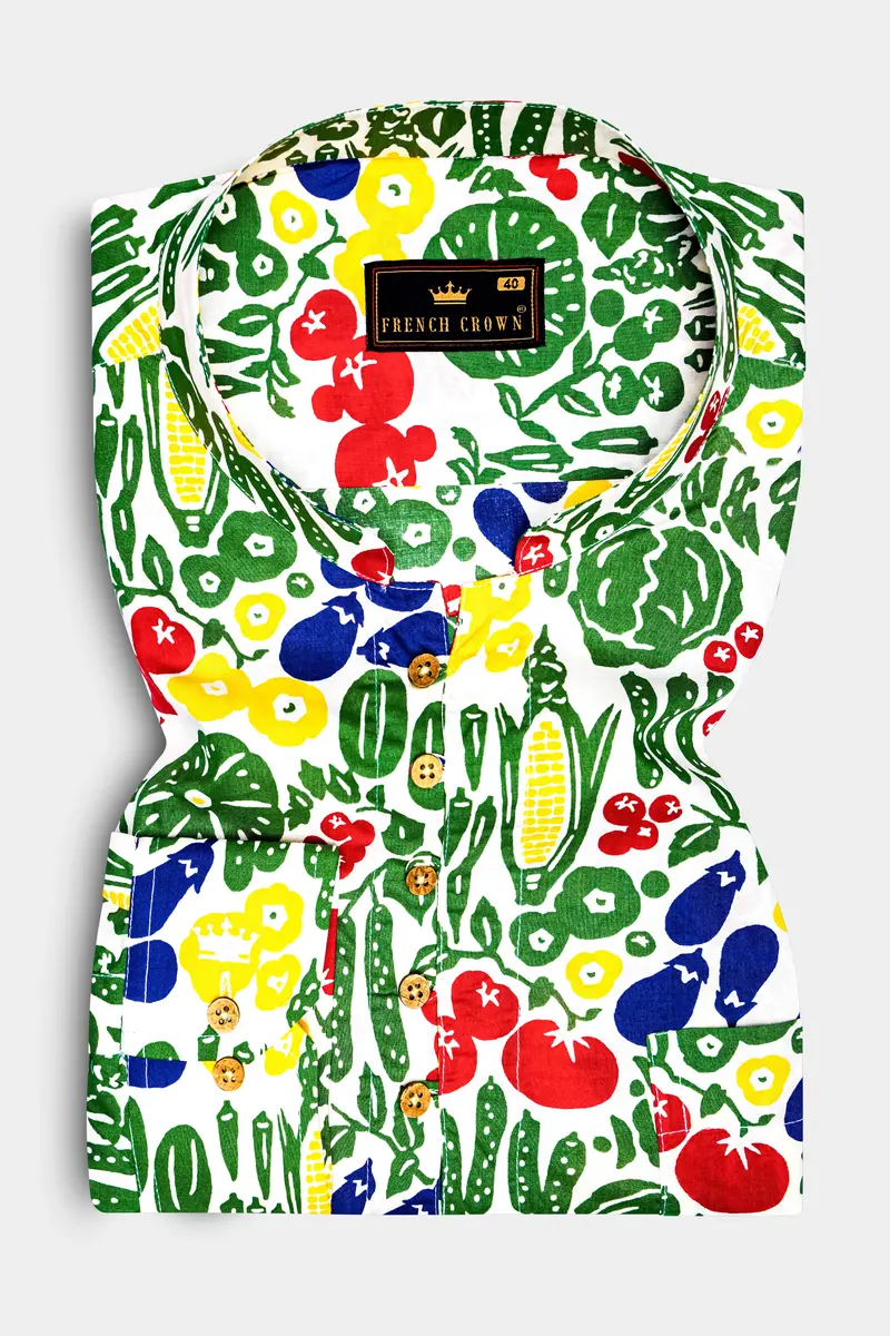 Bright White Vegetables Printed Premium Cotton Kurta Shirt 2