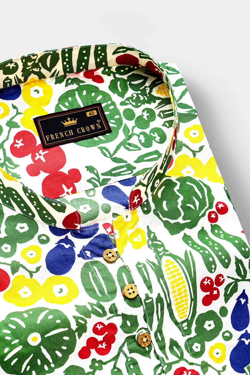 Bright White Vegetables Printed Premium Cotton Kurta Shirt 4