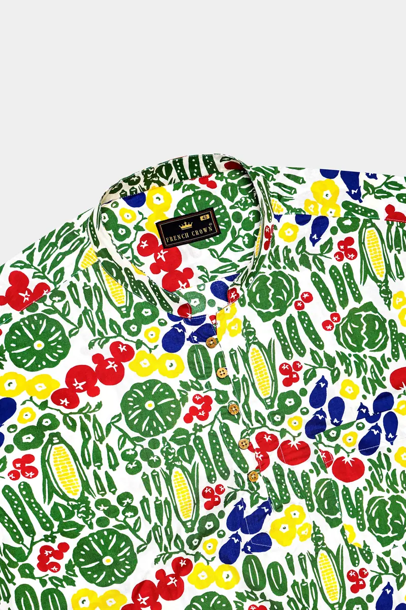 Bright White Vegetables Printed Premium Cotton Kurta Shirt 5