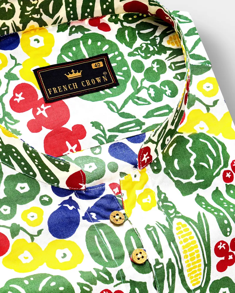 Bright White Vegetables Printed Premium Cotton Kurta Shirt 6