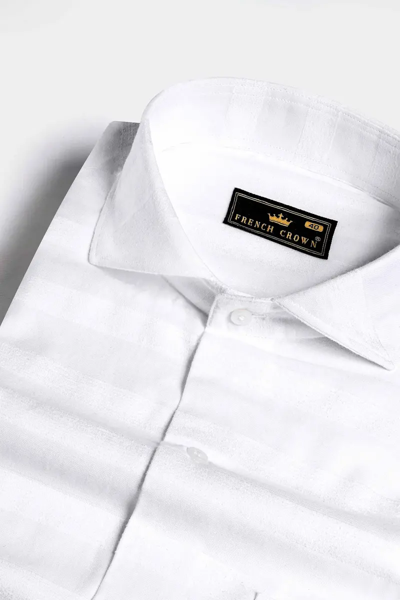 Bright White Velvet Striped Dobby Textured Premium Giza Cotton Shirt 1