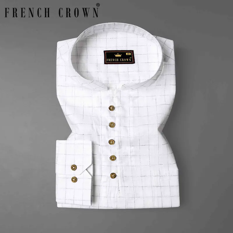 Bright White Windowpane Luxurious Linen Kurta Shirt 1