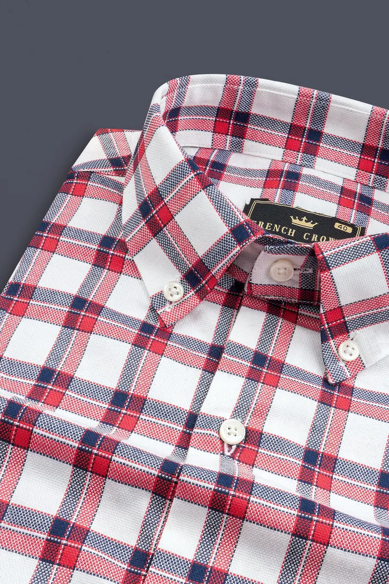 Bright White With Alizarin Red Plaid Dobby Textured Premium Cotton Shirt 1