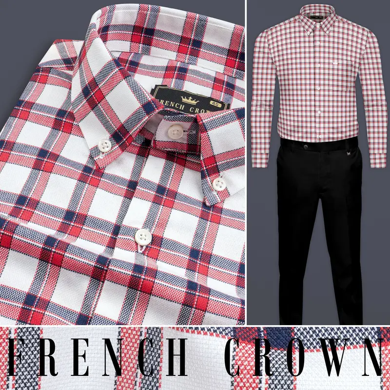 Bright White With Alizarin Red Plaid Dobby Textured Premium Cotton Shirt 10