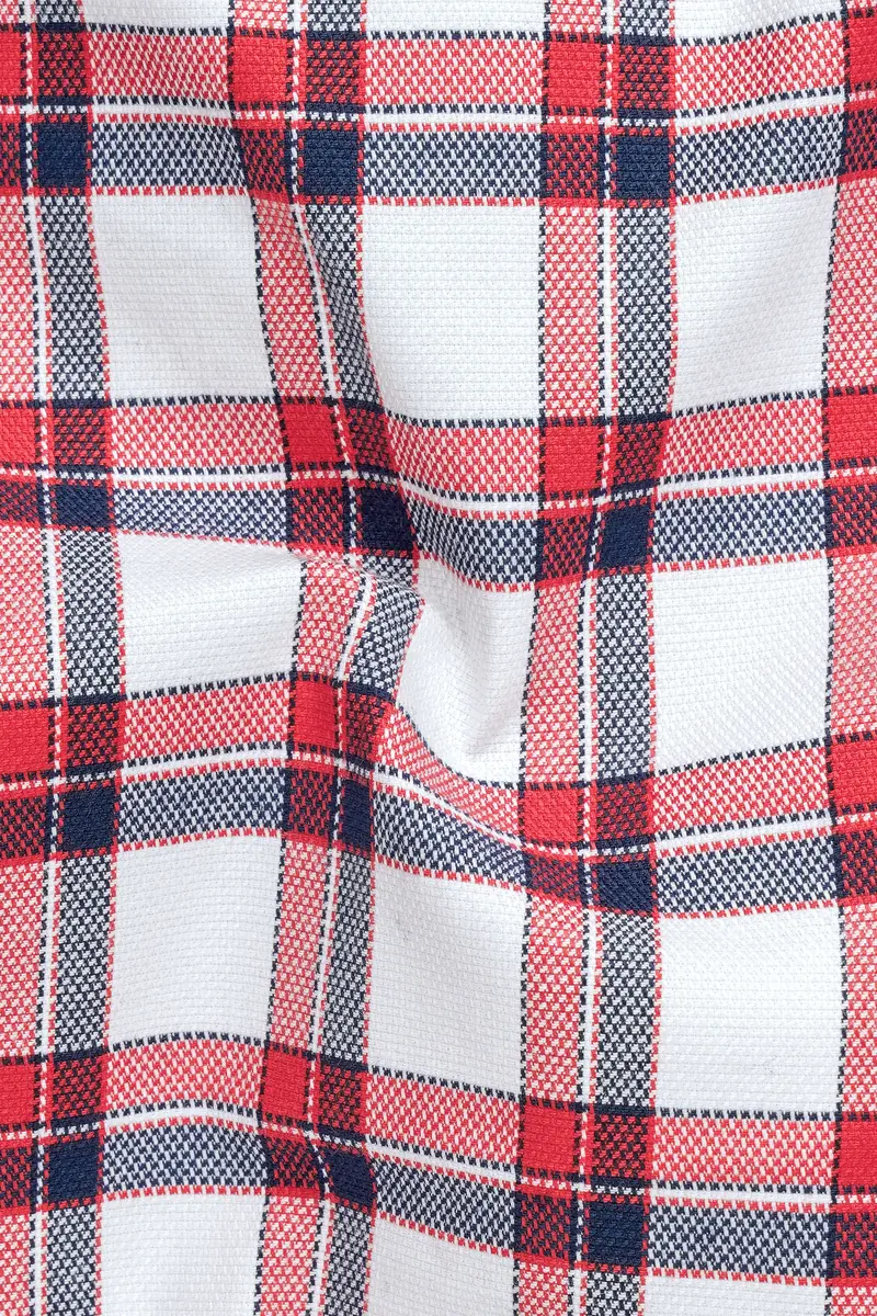 Bright White With Alizarin Red Plaid Dobby Textured Premium Cotton Shirt 2
